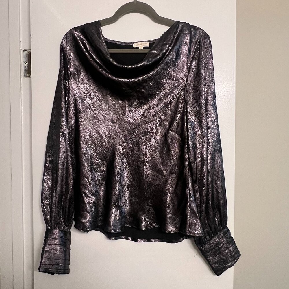 Mystree Dark Gray/Silver Cowl-neck Silky Long Sleeve Blouse